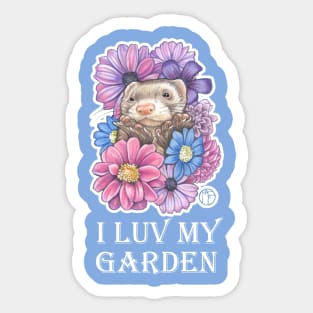 Ferret And Flowers - I Luv My Garden - White Outlined Version Sticker